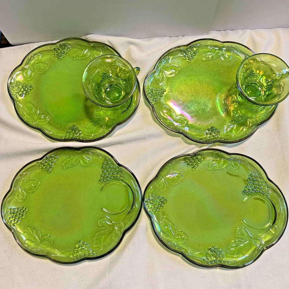Vtg Indiana Glass Lime Green Carnival Glass Harvest Grape 6 Pc Snack Set 4 Plt 2